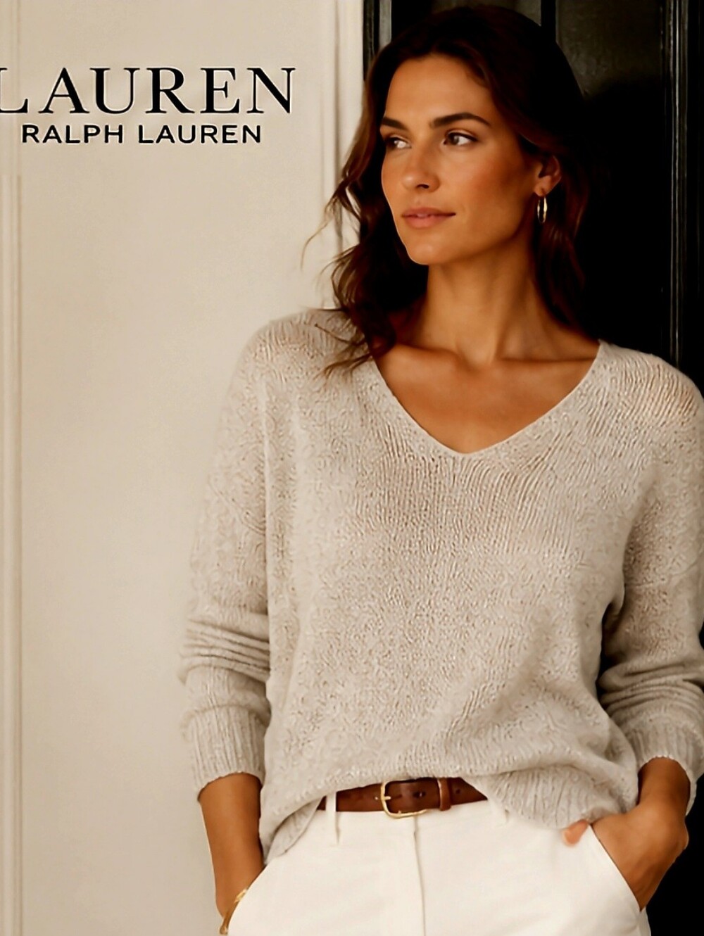 Ralph Lauren Light Gray V-Neck Knit Sweater Cotton/Acrylic Large
